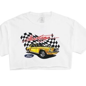 Ford White Crop Tee with Yellow Mustang Car Graphic - Kids